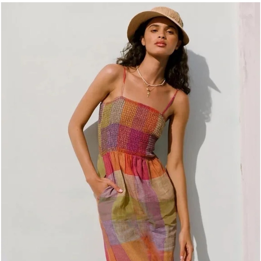 Anthropologie drą Los Angeles Sierra Smocked Linen dress colourful plaid